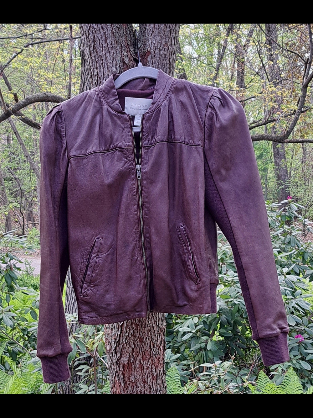 hinge Deep Plum Leather Bomber Jacket
